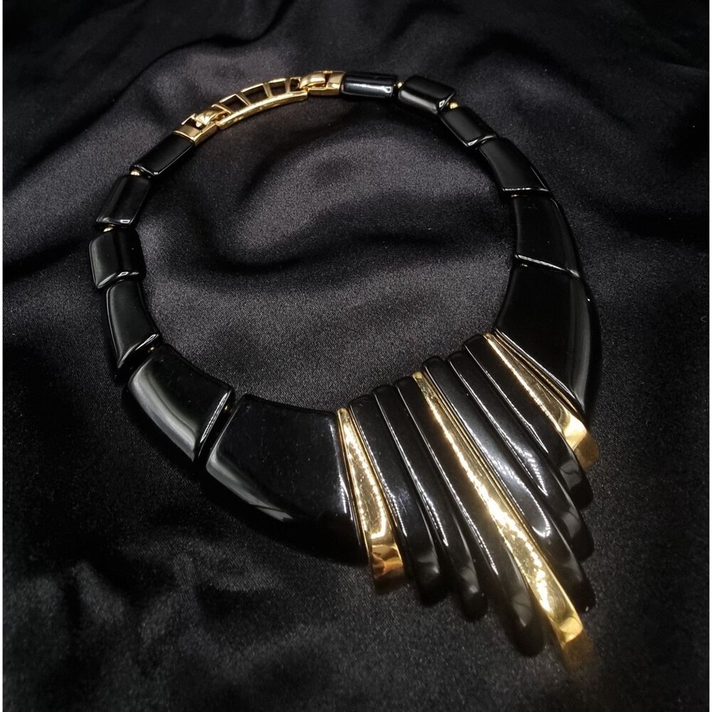 Vintage 1980s NAPIER Signed  Black & Gold Statement Necklace